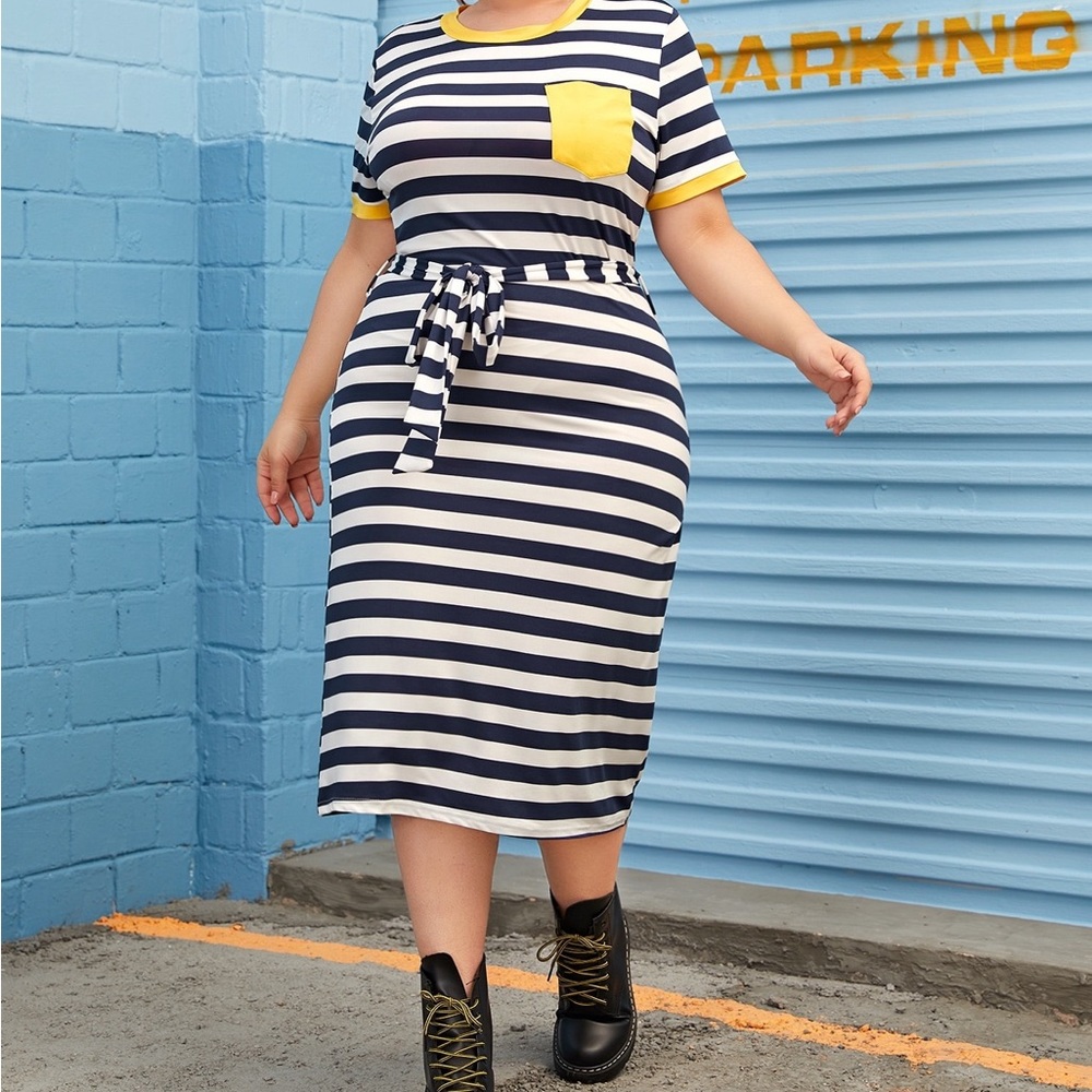 Block Stripe Tie Waist Ringer Tee Dress